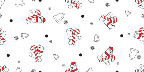 bear seamless pattern Christmas polar bear vector Santa Claus hat candy cane bell snowflake scarf isolated repeat wallpaper teddy cartoon tile background illustration doodle design