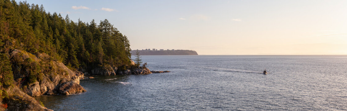 Panoramic View of Rocky Coast in Lighthouse Park, West Vancouver, British Columbia, Canada, with UBC in background. Taken during a cloudy sunset. © edb3_16