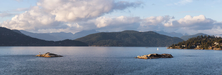 Panoramic View of Horseshoe Bay in West Vancouver, British Columbia, Canada, during a cloudy sunset.