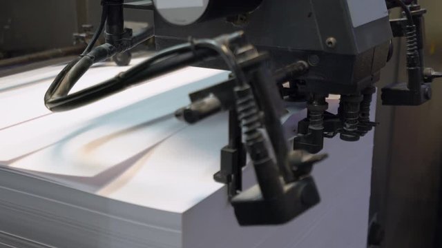 Printed sheets of paper are served in the printing press