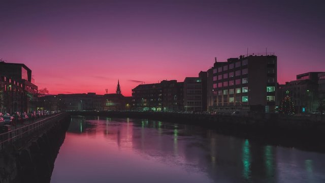 Epic sunset timelapse of Cork city, Ireland with river lee reflection