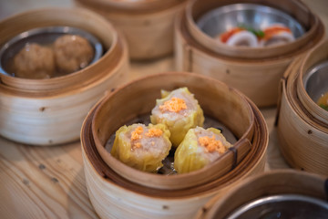 Chinese Steamed Dumpling in bamboo basket.