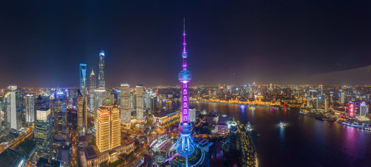 Panoramic aerial photographs of the night view of Lujiazuno City, Shanghai, China