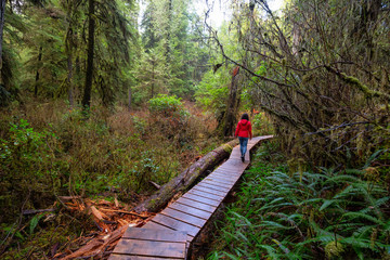 Woman wearing a red coat walking on a wooden path in a wild forest. Taken in Rainforest Trail, near Tofino and Ucluelet, Vancouver Island, BC, Canada. © edb3_16