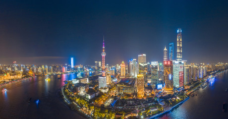 Panoramic aerial photographs of the night view of Lujiazuno City, Shanghai, China