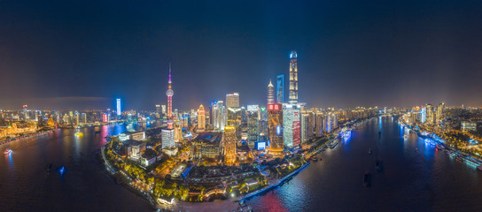 Panoramic aerial photographs of the night view of Lujiazuno City, Shanghai, China