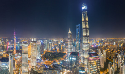 Fototapeta na wymiar Panoramic aerial photographs of the night view of Lujiazuno City, Shanghai, China