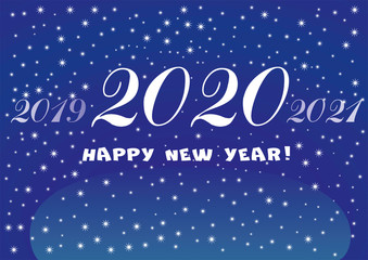 2020 Happy New Year classic blue background with white stars and snowflakes.
