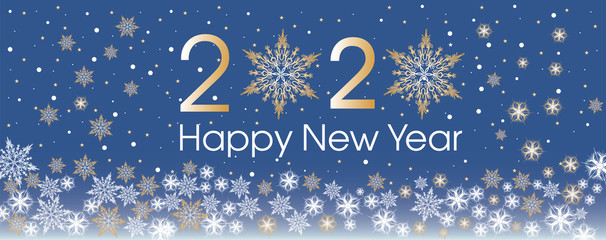 Fototapeta na wymiar Happy New Year 2020 template with gold and white snowflakes and stars.