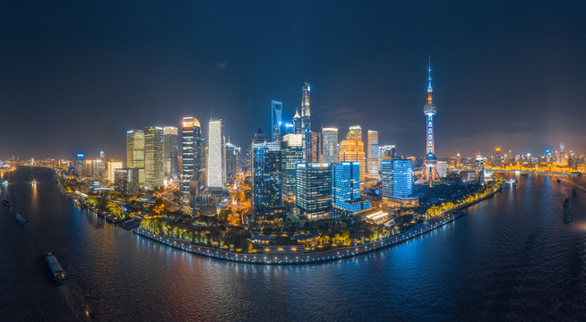 Panoramic aerial photographs of the night view of Lujiazuno City, Shanghai, China