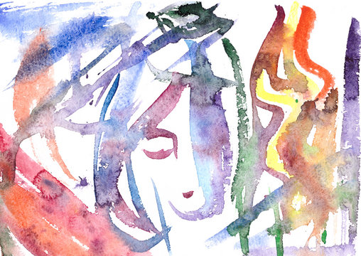 abstract watercolor drawing female face and background