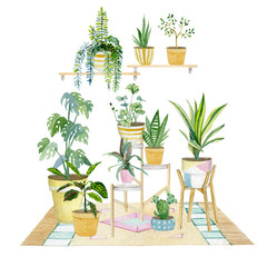 Warecolor interior with house plants in pots. Hand painted decorative greenery collection for your trendy design.
