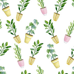 Watercolor seamless pattern of home plants in flower pots. Hand drawn watercolor for banner, print, home or garden decoration for wrapping paper and textile fabric.
