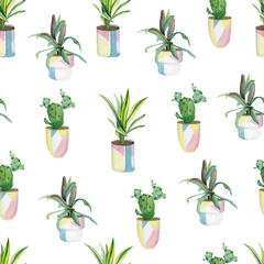 Watercolor seamless pattern of home plants in flower pots. Hand drawn watercolor for banner, print, home or garden decoration.