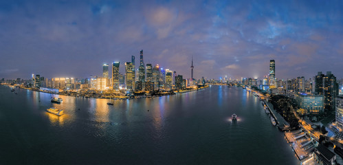 The night view of the city on the huangpu river bank in the center of Shanghai, China