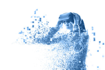 The woman with glasses of virtual reality in classic blue color. VR technology concept.