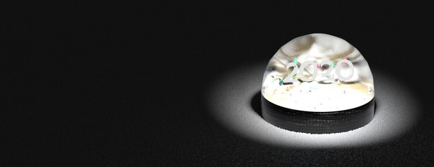 Shining, glass snow globe with 2020 year digits powdered by snow inside 3d rendering realistic on black with falling snowflakes. New Year and Christmas. Winter Holidays.
