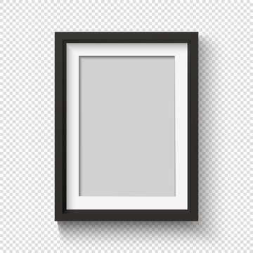 Black photo frame on wall for picture. Realistic empty simple photoframe. 3D poster with shadow for presentations