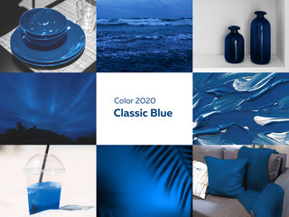Collage von Bildern in blauer Farbe aus Fotografien des Innenraums und der Natur, klassisches Blau, Pantone-Farbe des Jahres 2020