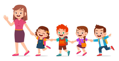 happy cute kids smile with teacher together