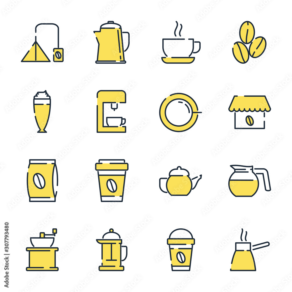 Poster Coffee set icon template color editable. Coffee pack symbol vector sign isolated on white background icons vector illustration for graphic and web design.