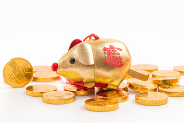 Gold COINS, gold ingot and mascot for the year of the rat