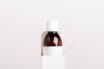 White pills box. Plastic bottles. Drugs box mock-up. Medical blank cardboard. Mockup. Pills bottle