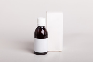 White pills box. Plastic bottles. Drugs box mock-up. Medical blank cardboard. Mockup. Pills bottle