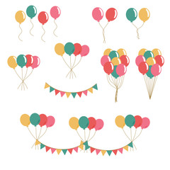 Bunches of colorful balloons in flat style vector isolated on white background. Colorful flags. Holiday banner.