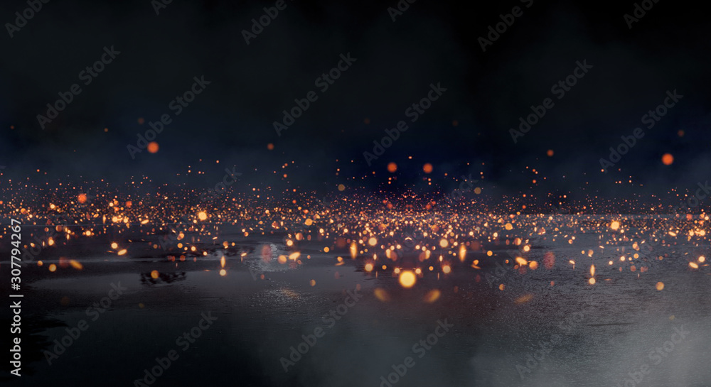 Wall mural dark street wet asphalt, reflection of new rays on a wet surface. abstract bokeh light. night street