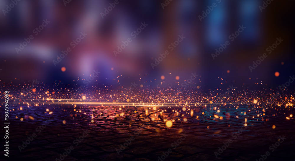 Wall mural dark street wet asphalt, reflection of new rays on a wet surface. abstract bokeh light. night street
