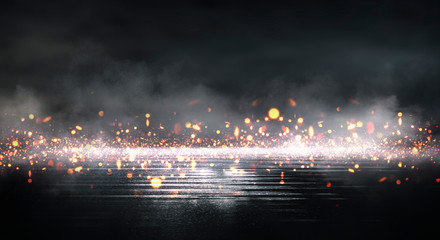 Dark street wet asphalt, reflection of new rays on a wet surface. Abstract bokeh light. Night street empty scene. Night view of the city.