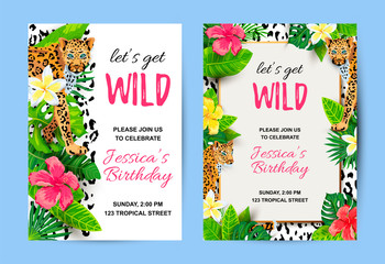 Leopards with tropical leaves, flowers, wild party invitations set. Place for text. Vector illustration for flyer, birthday, tropical party, banner, poster. © Natalia