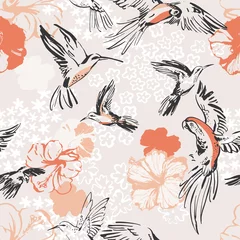 Papier peint Perroquet Dessin au trait de perroquets, colibris, fleurs botaniques