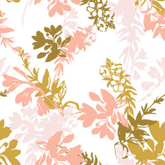 Meadow flowers silhouettes background in golden colors. Small wildflowers repeat.