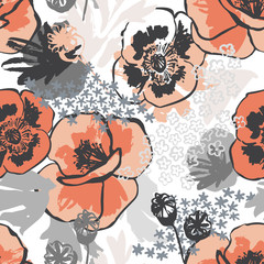 Abstract meadow poppy flowers seamless pattern in golden colors