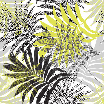 Hand drawn silhouettes, line art, half tones of palm leaves background for textile, fabric, wallpaper