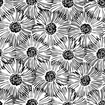 Abstract floral seamless pattern. Hand drawn black flowers background