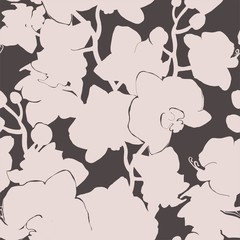Monochrome spotted floral seamless pattern with silhouettes of light tropical flowers orchids on dark background. Hand drawn style print. For home textile, wallpaper, interior fabric, bedclothes.