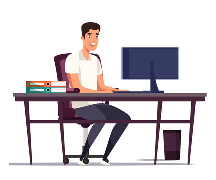 Cartoon man worker typing on computer keyboard