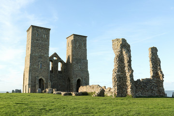 Reculver towers a roman saxon shore fort and remains of a 12th century church undercut by coastal...