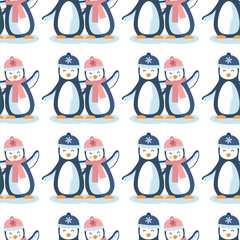 Fototapeta premium Vector cute penguin in winters vertical lines