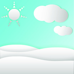 Sun cloud and landscape paper craft cut style. Sky blue gradient color. Vector illustrator