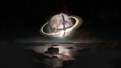 Landscape with separate parts of the moon with technological slices and a rings above the earth with reflections on the water. Futuristic concept. Elements of this image furnished by NASA © elen31