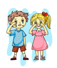 Girl boy kids crying after quarrel flat cartoon