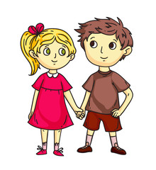 Cute happy children holding hand-in-hand flat cartoon. Smiling preschool girl and boy standing together. Childhood and friendships. Best friends, cheerful brother and sister. Vector illustration.