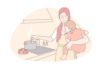 Happy motherhood, babysitting, housework concept. Young mother with little daughter cooking food, smiling woman with toddler on kitchen, professional nanny, housewife chores. Simple flat vector