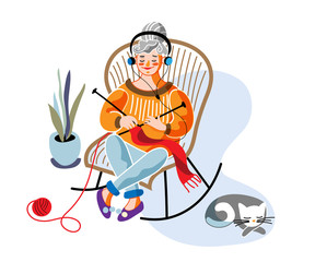 Old woman knitting flat vector illustration. Aged lady, grandmother cartoon character. Granny sitting in armchair with wool thread ball and needles. Leisure activity, retiree making handmade clothes.