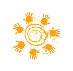  hands create sun, logo for art studio, positive kid world concept, orange colored hand print with circle inside,