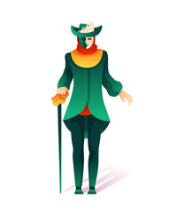 Cartoon man character standing in green venetian festive costume or colorful harlequin dress and facial mask with cane isolated on white. Holiday masquerade Vector flat illustration.